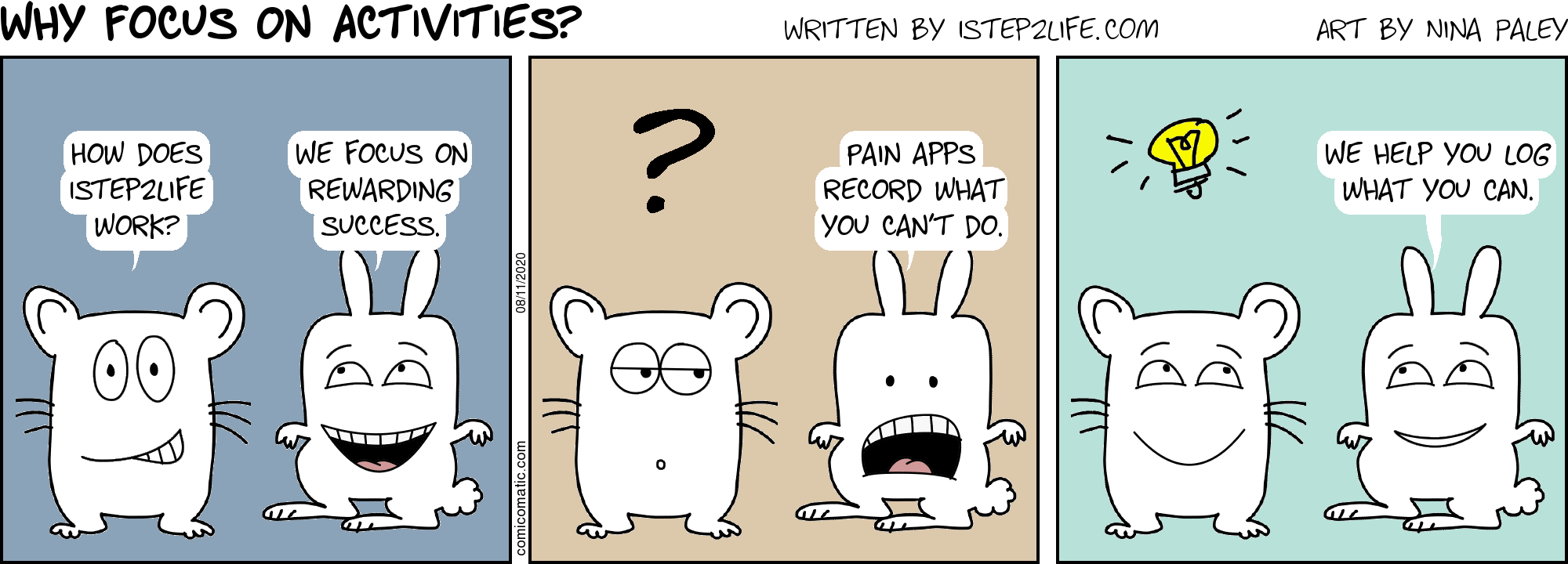 Cartoon: How does 1step2life work? We focus on rewarding success.  Pain apps record what you can't do, but we help you log what you can.